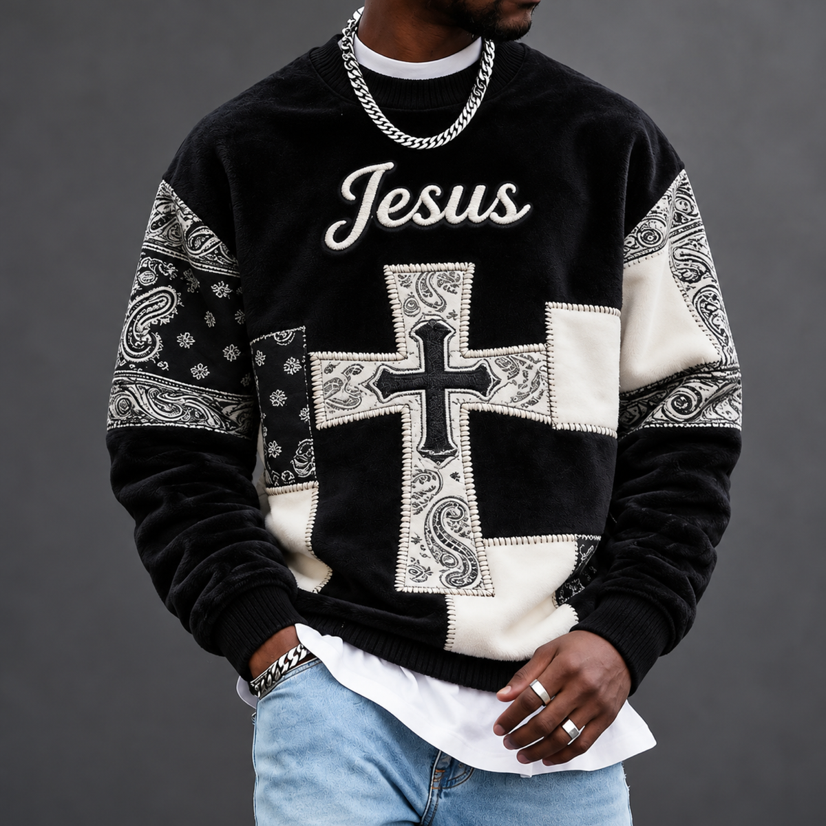 Men's Round-Neck Sweatshirt with Cross Print