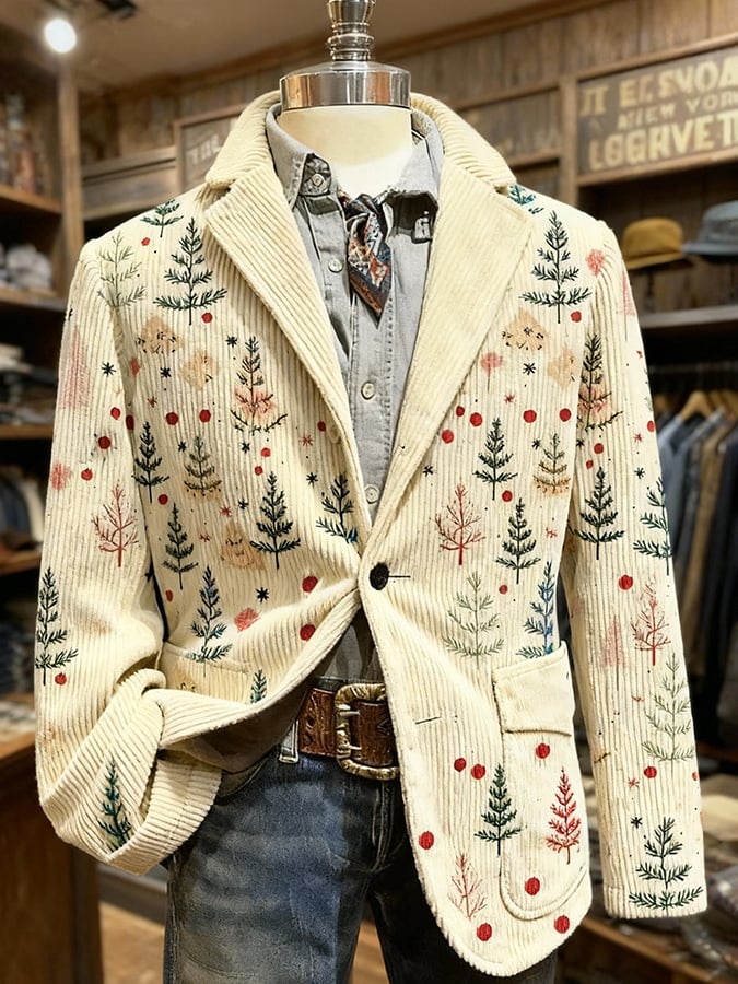 Men's Retro Christmas Art Print Casual Blazer