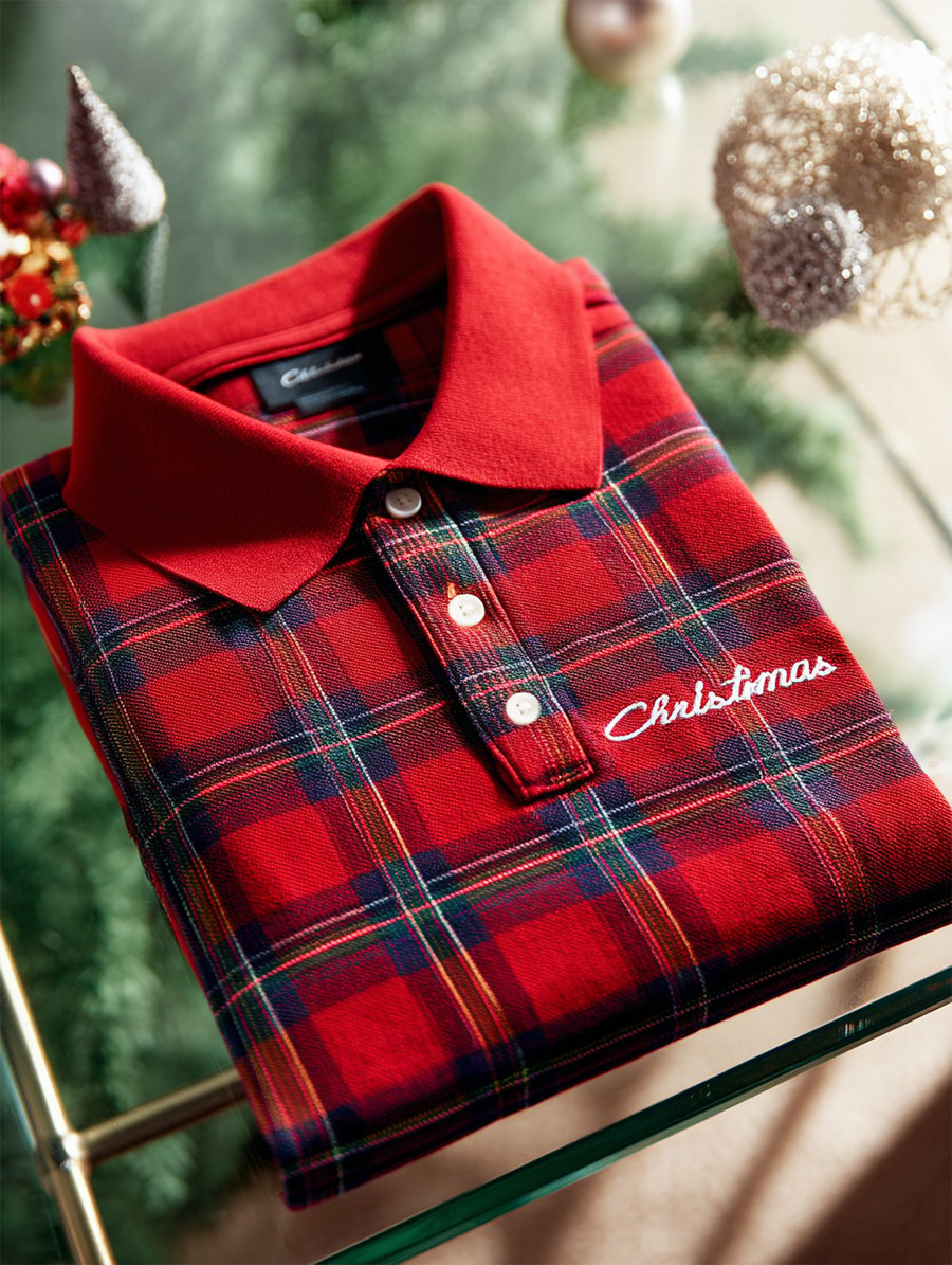 Men's Christmas Plaid Long Sleeve Polo Shirt