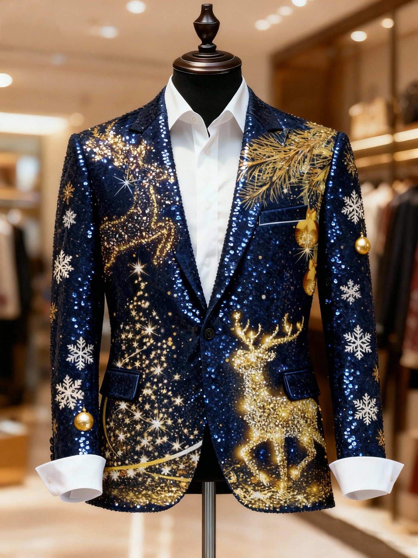 Men's Business Casual Large Pocket Glitter Reindeer Christmas Blazers