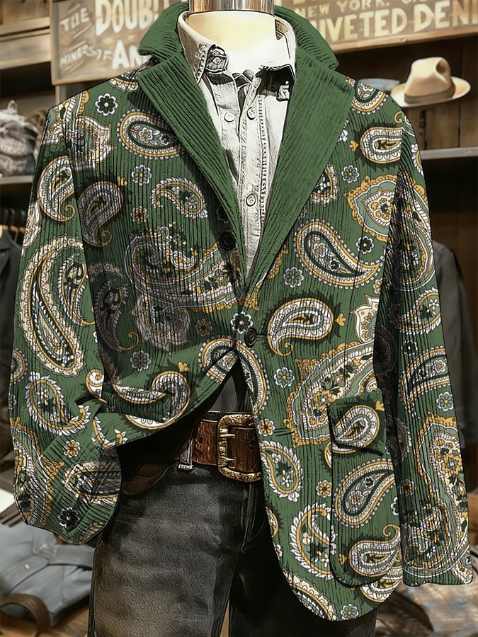 Men's Paisley Art Print Casual Lined Coat