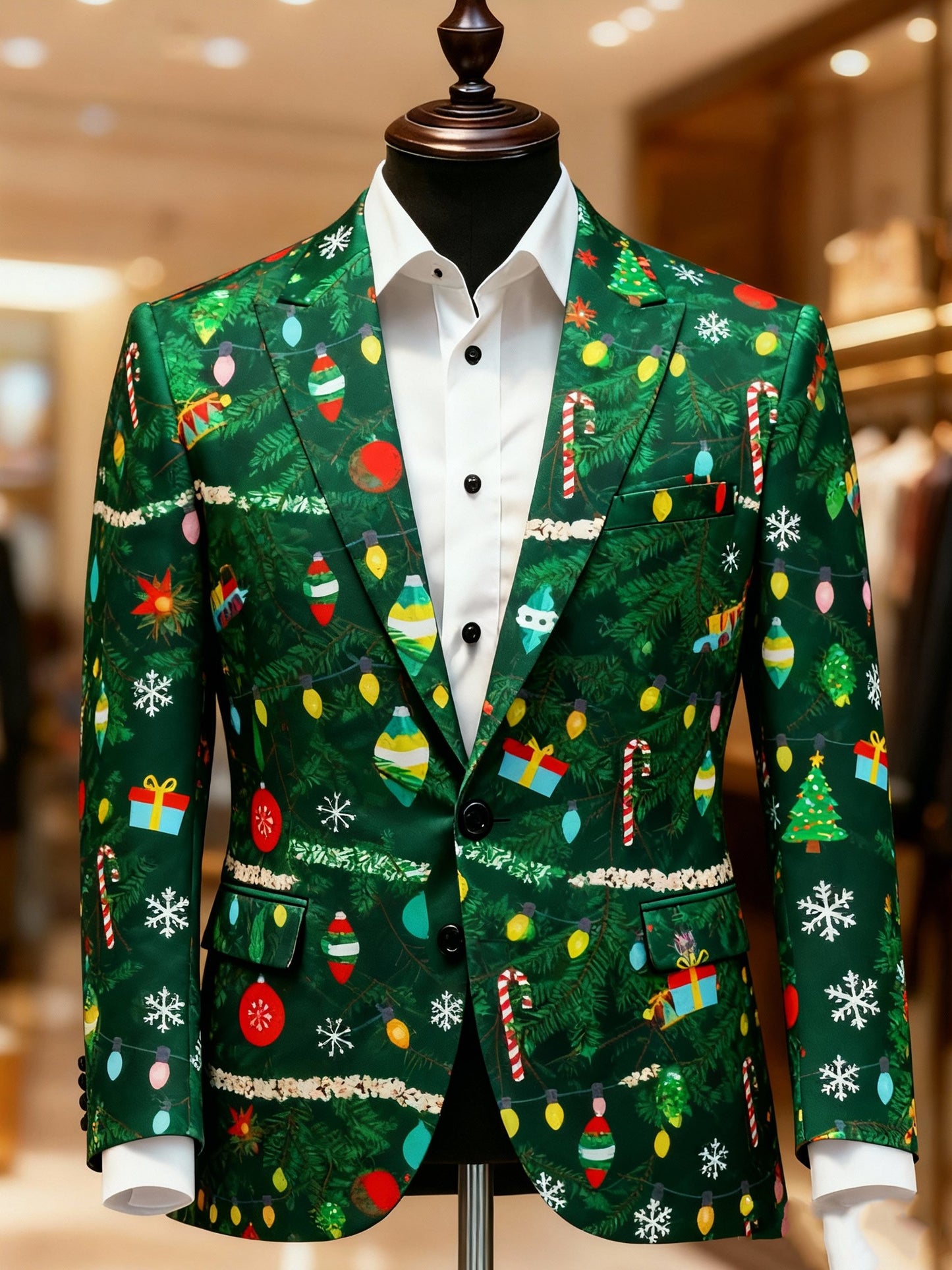 Men's Business Casual Large Pocket Notch Lapel Print Christmas Tree Blazers
