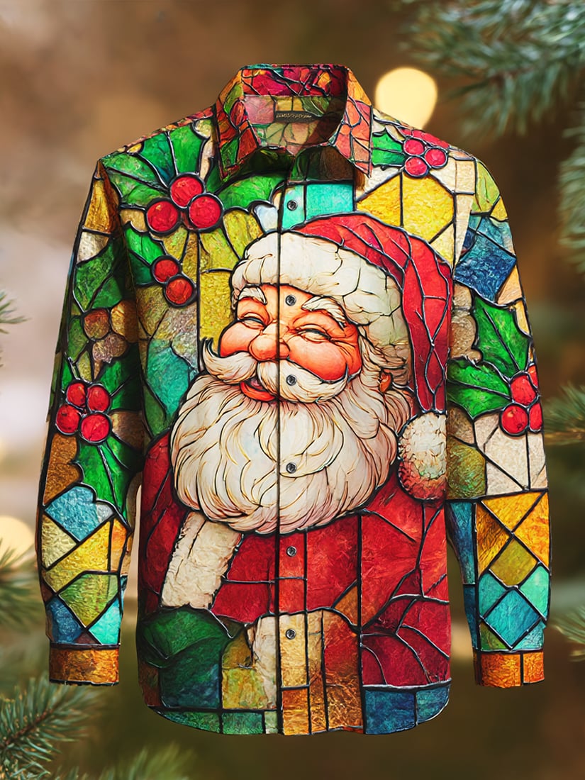 Men's Party Stained Glass Santa Claus Print Long-Sleeved Shirt