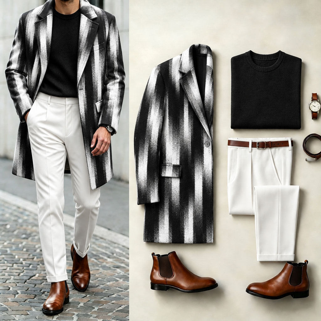 Men's Black-and-White Print Suit Set: Coat, Knit Sweater, and Pants