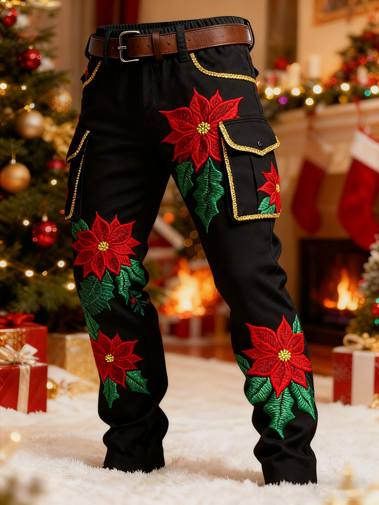 Men's Christmas Poinsettia Printed Cargo Pants