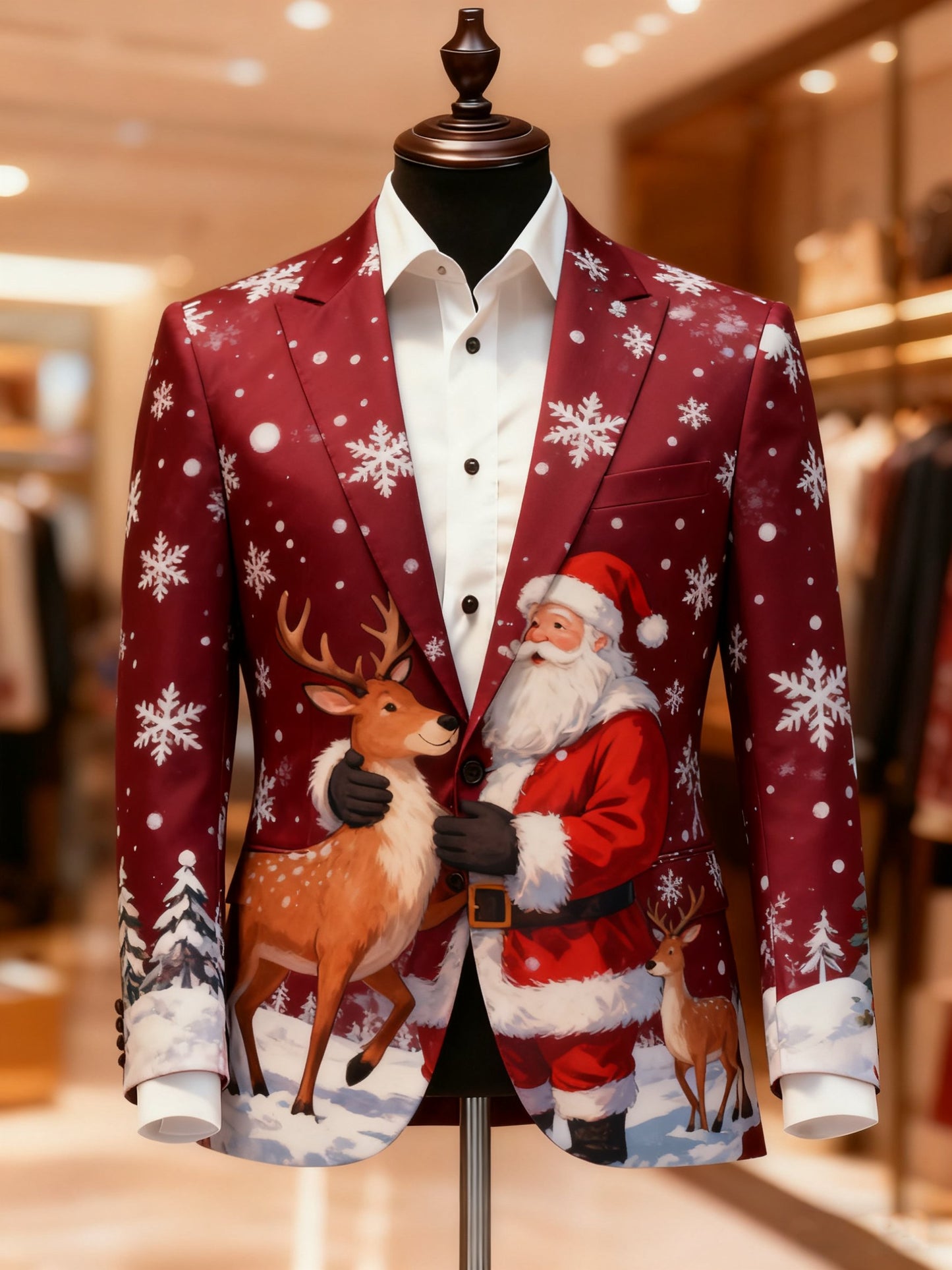 Men's Business Casual Notch Lapel Vintage Christmas Santa Print Blazers