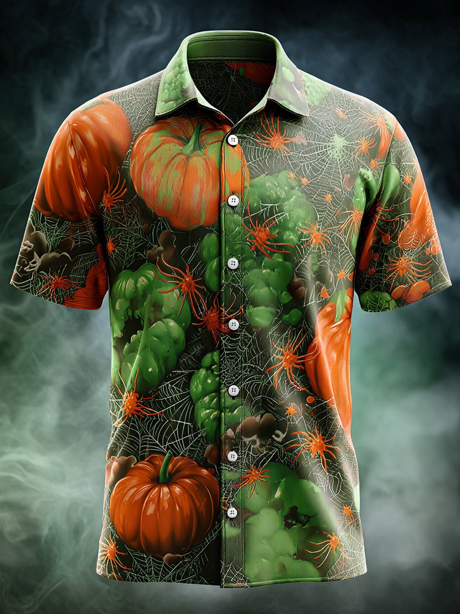 Men's Business Halloween Pumpkin Print Lapel Short Sleeve Shirt