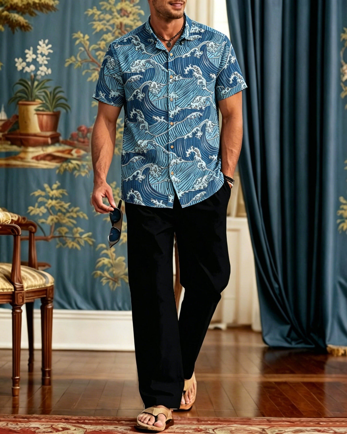 Men's Elegant Retro Lines Short-Sleeve Walking Set