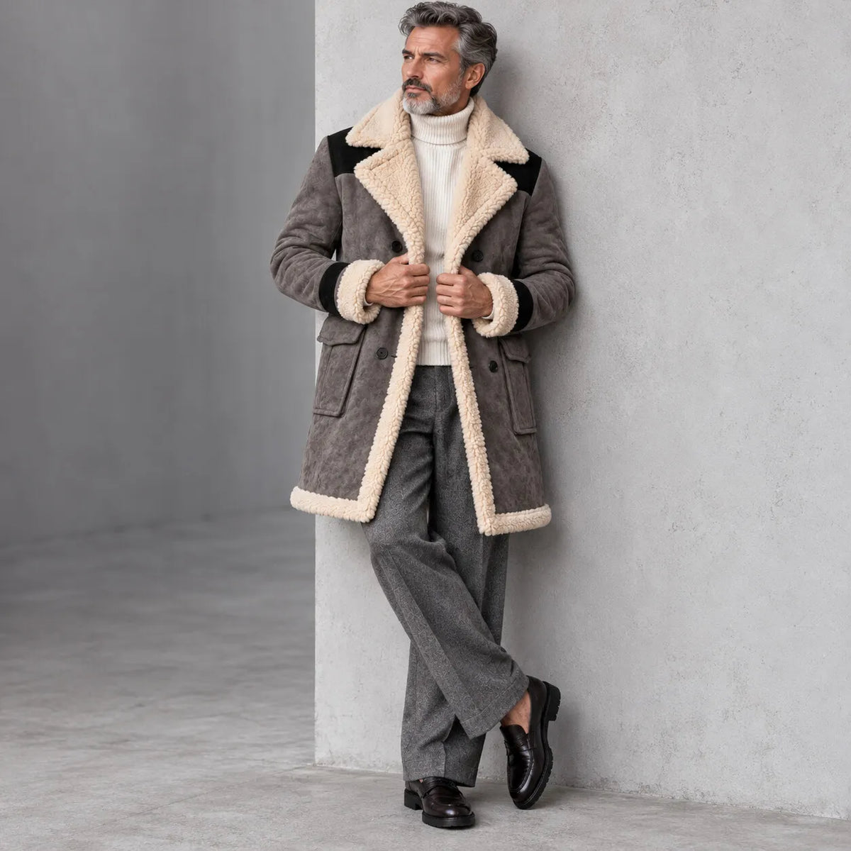 Men's Suede Contrast Color Sherpa Lined Lapel Collar Flap Pocket Double-Breasted Trench Coat