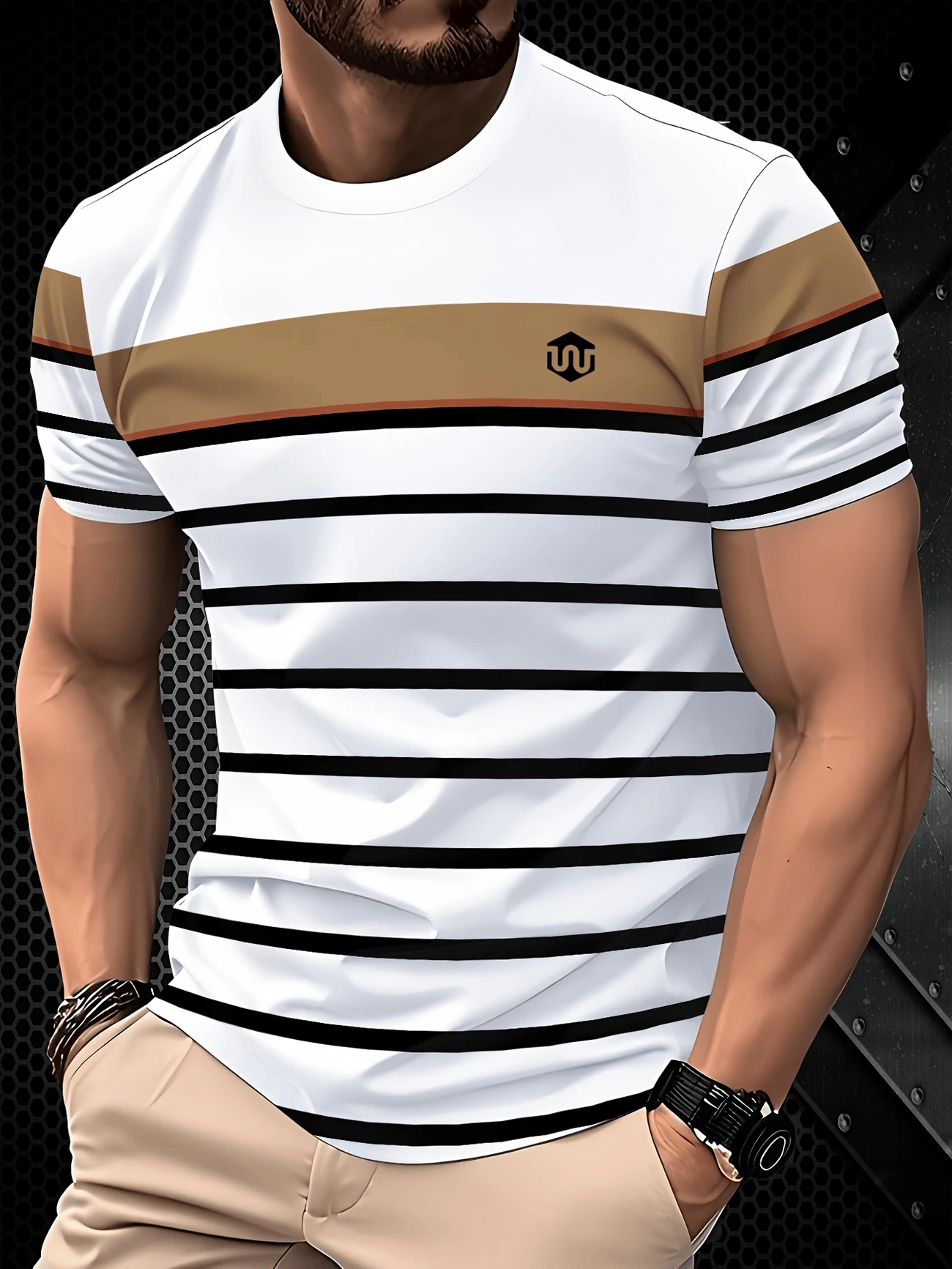 Men's Business Stripe Logo Print Short Sleeve T-Shirt