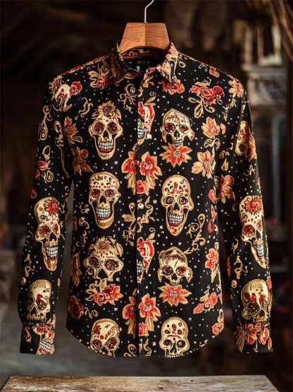 Men's Retro Casual Skull Print Long Sleeve Shirt