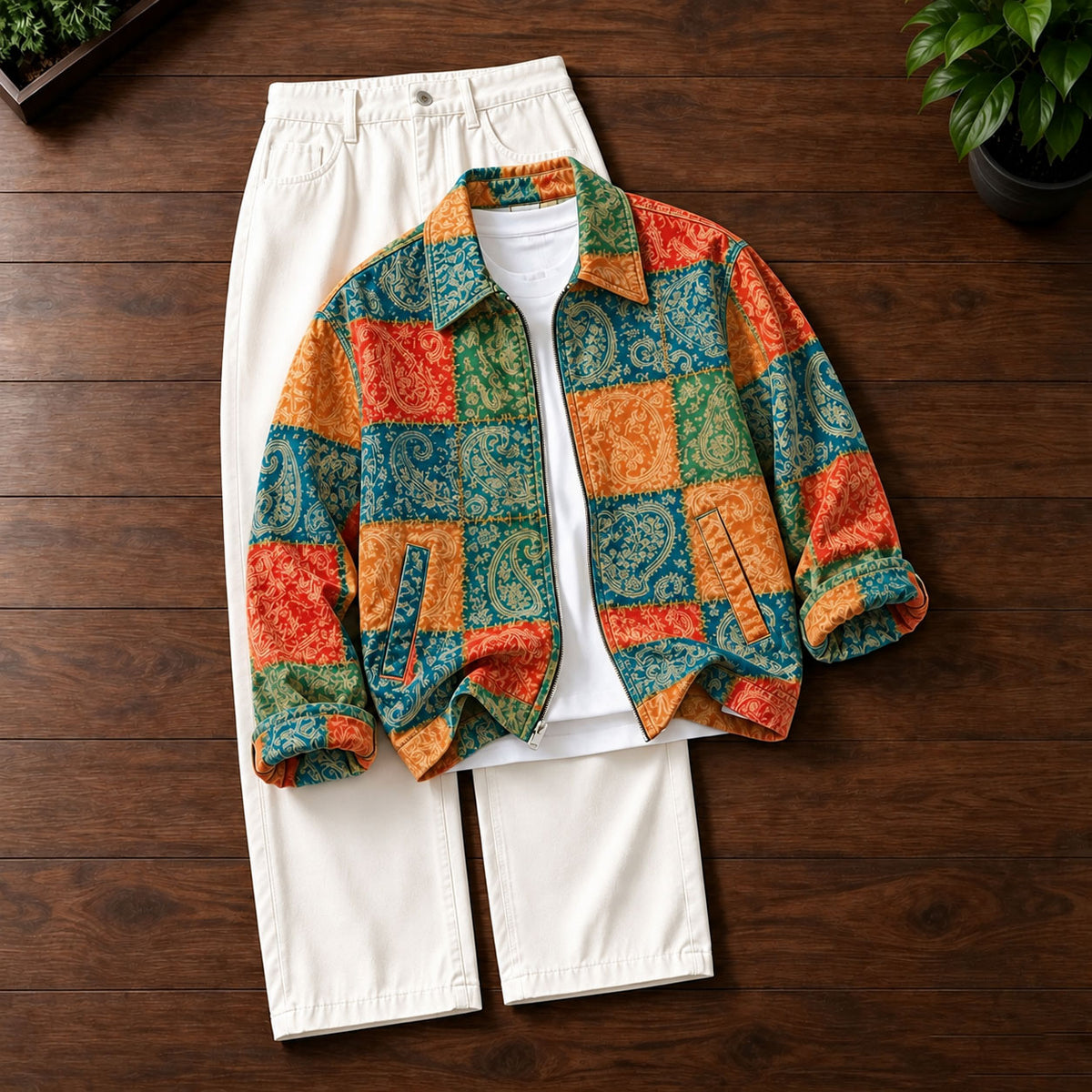 Men's Printed Lapel-Collar Zip-Up Cardigan and Pants Set