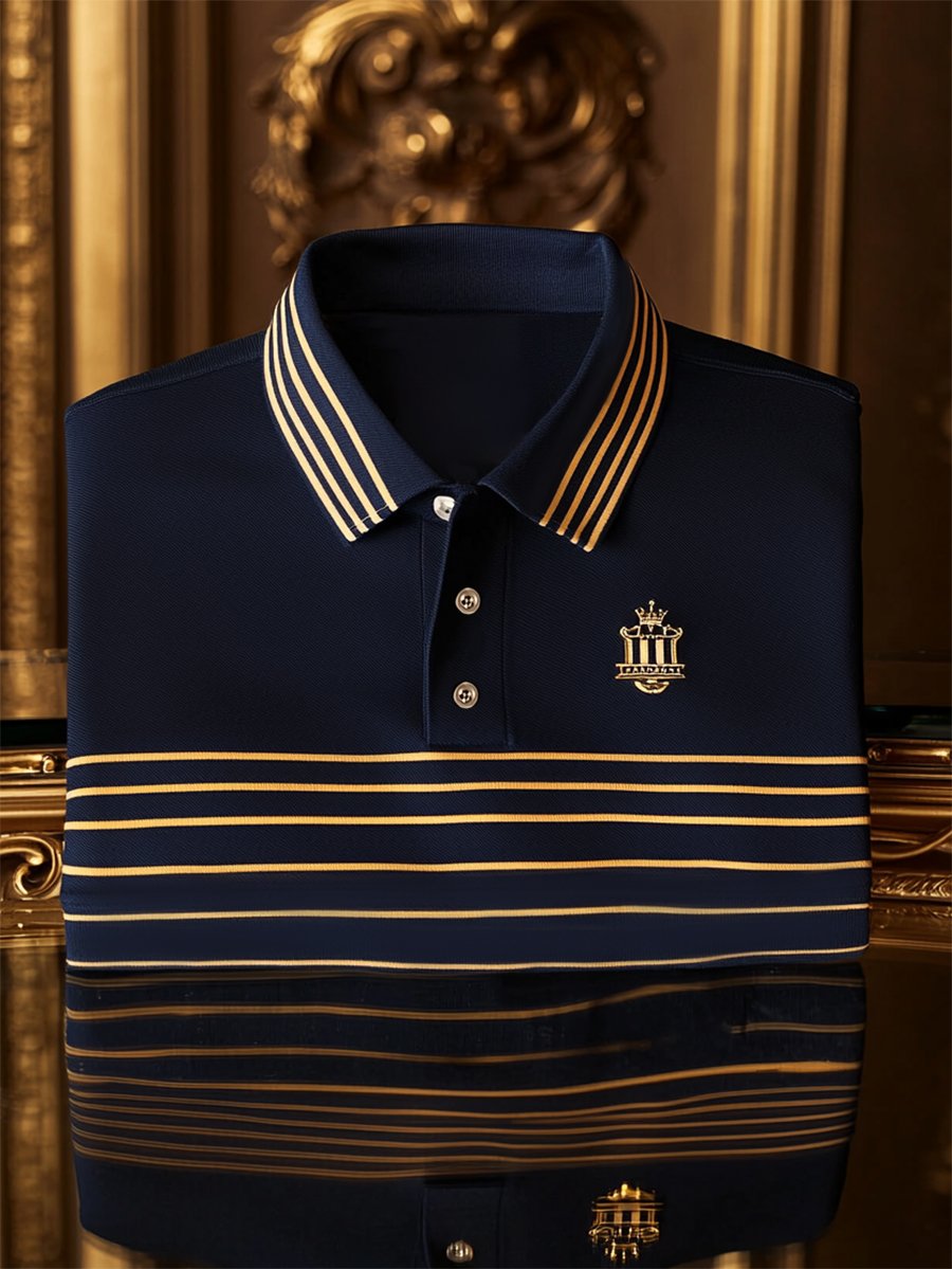 Men's Business Casual Striped Logo Button Short Sleeve Polo Shirt