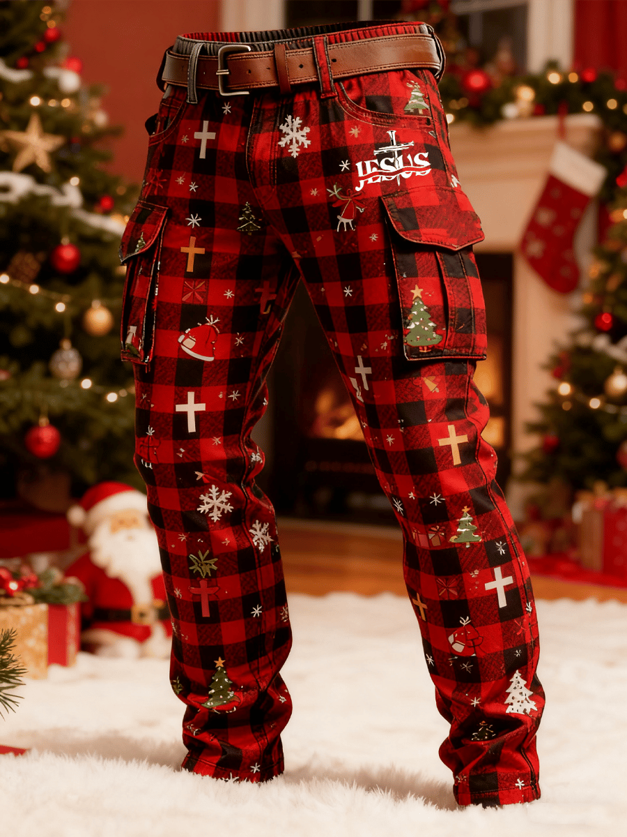 Men's Retro Christmas Evergreen Print Cargo Pants