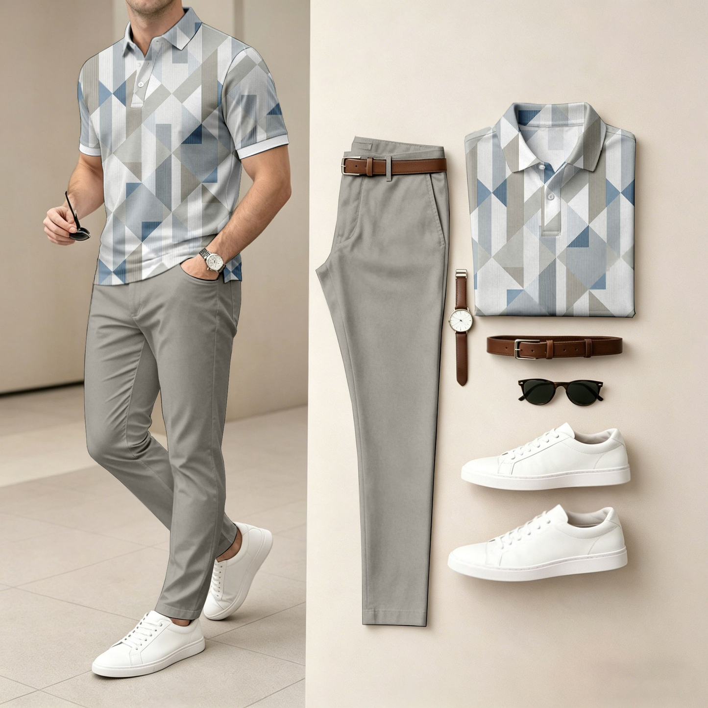 Men's Casual Color-Blocked Printed Short-Sleeve Polo Shirt And Pants Set (Excludes Accessories Such As Watches And Belts)