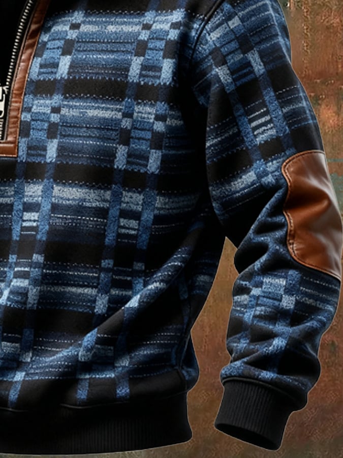 Men's Retro Color Block Print Casual Fur Collar Long Sleeve Sweatshirt