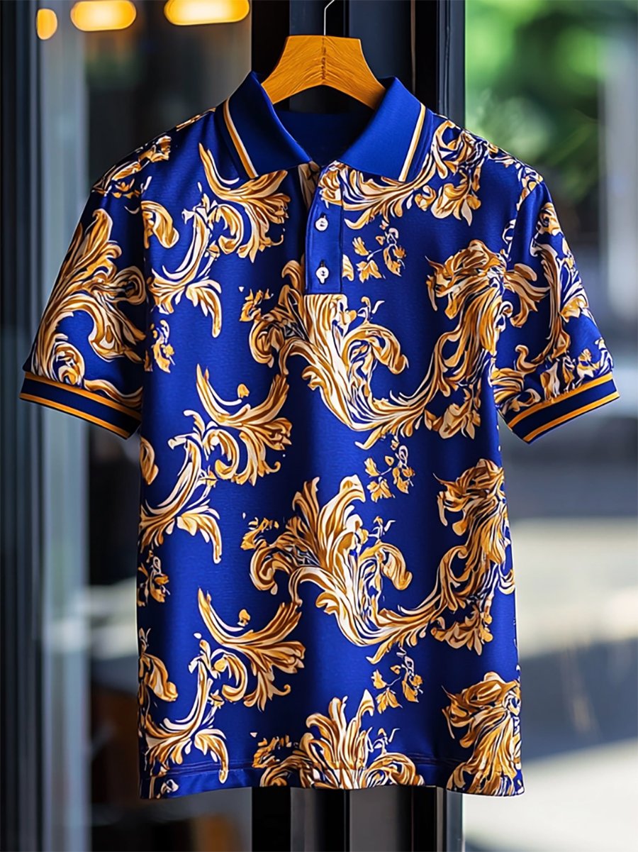 Men's Business Casual Baroque Art Button Short Sleeve Polo Shirt