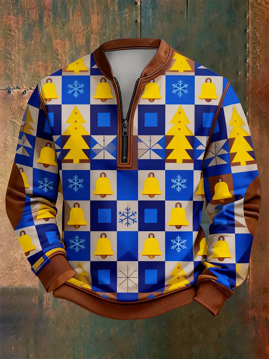 Men's Retro Christmas Bauhaus Geometric Style Print Quarter Zip Sweatshirt