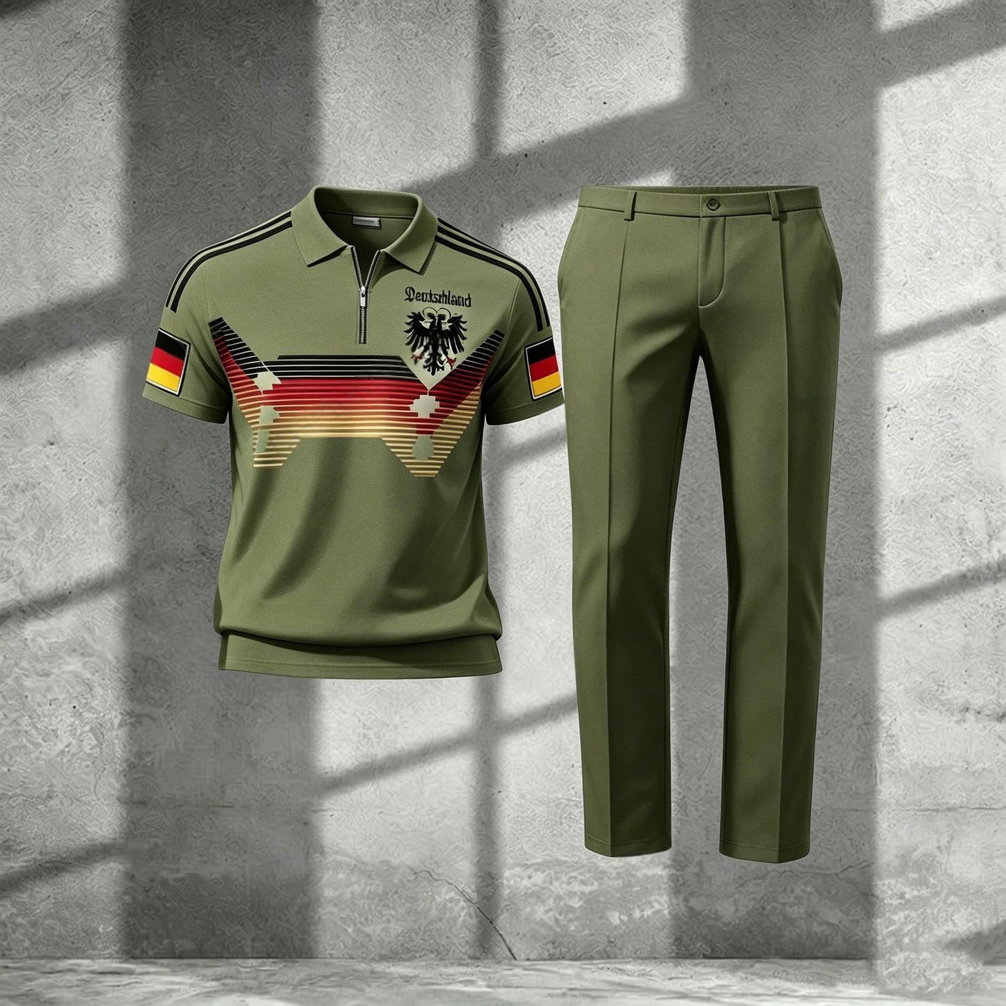 Men's Casual Dark Green Printed Polo Short-Sleeve T-Shirt And Pants Two-Piece Set