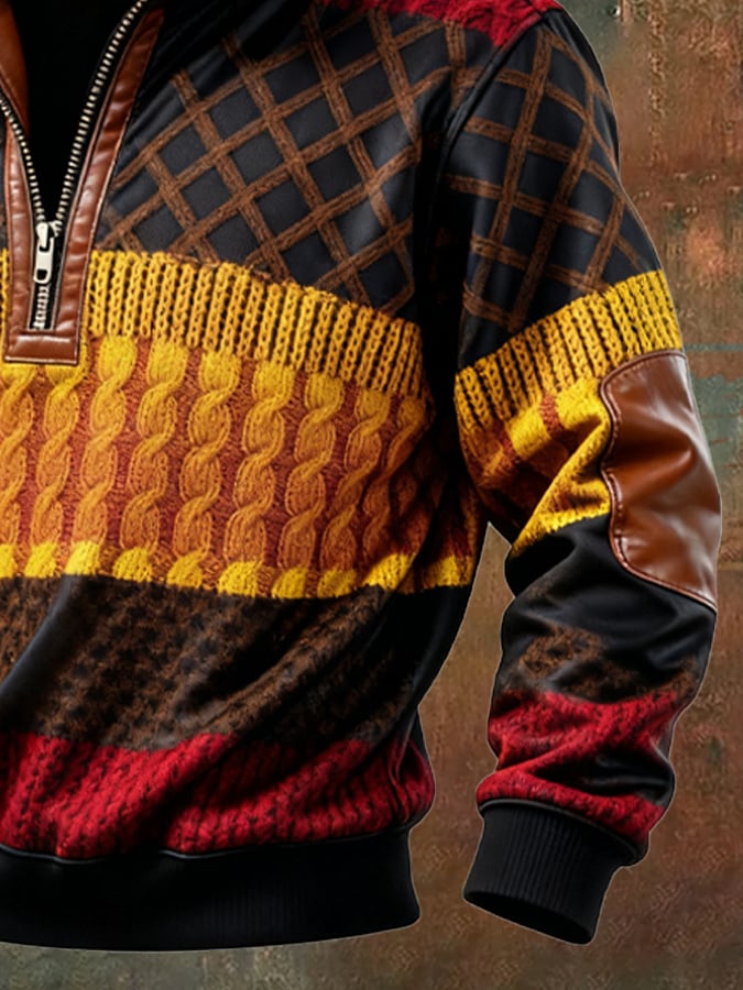 Men's Retro Color Block Print Casual Fur Collar Sweatshirt