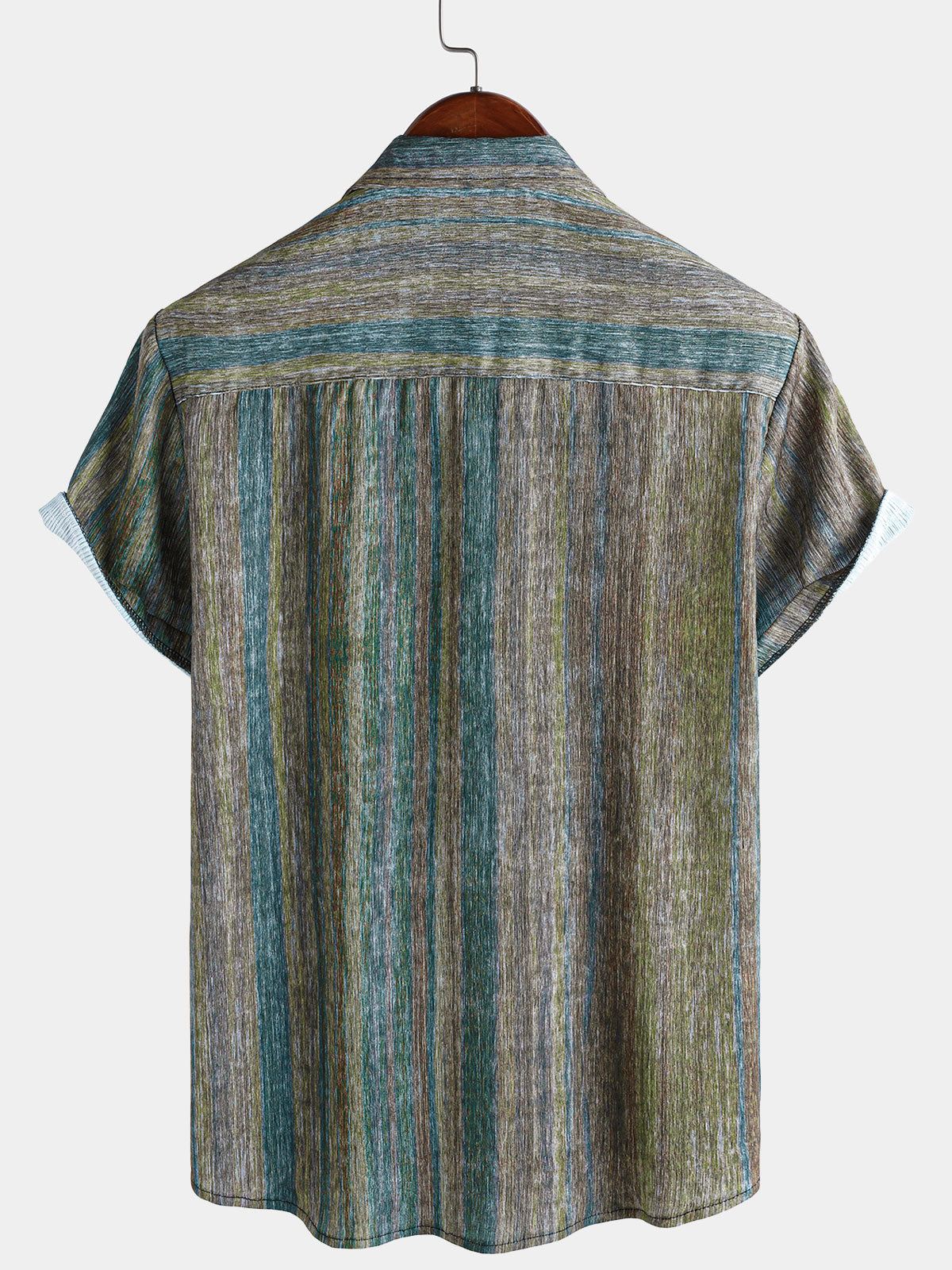 Men’s Vintage Green Striped Hawaiian Button Up Short Sleeve Shirt