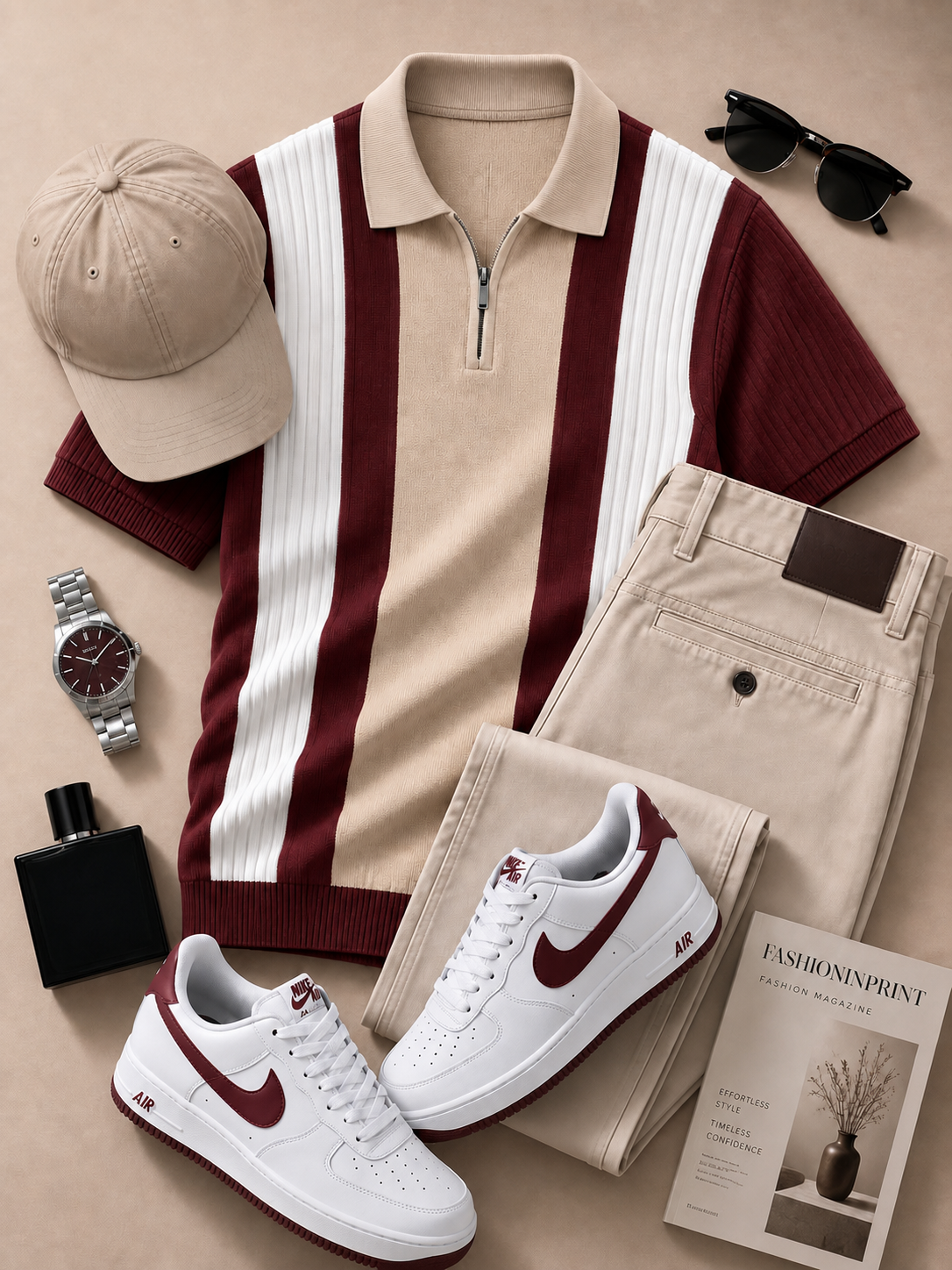 Men's Burgundy Beige Quarter Zip Knit Polo & Beige Pants 2 Piece Set