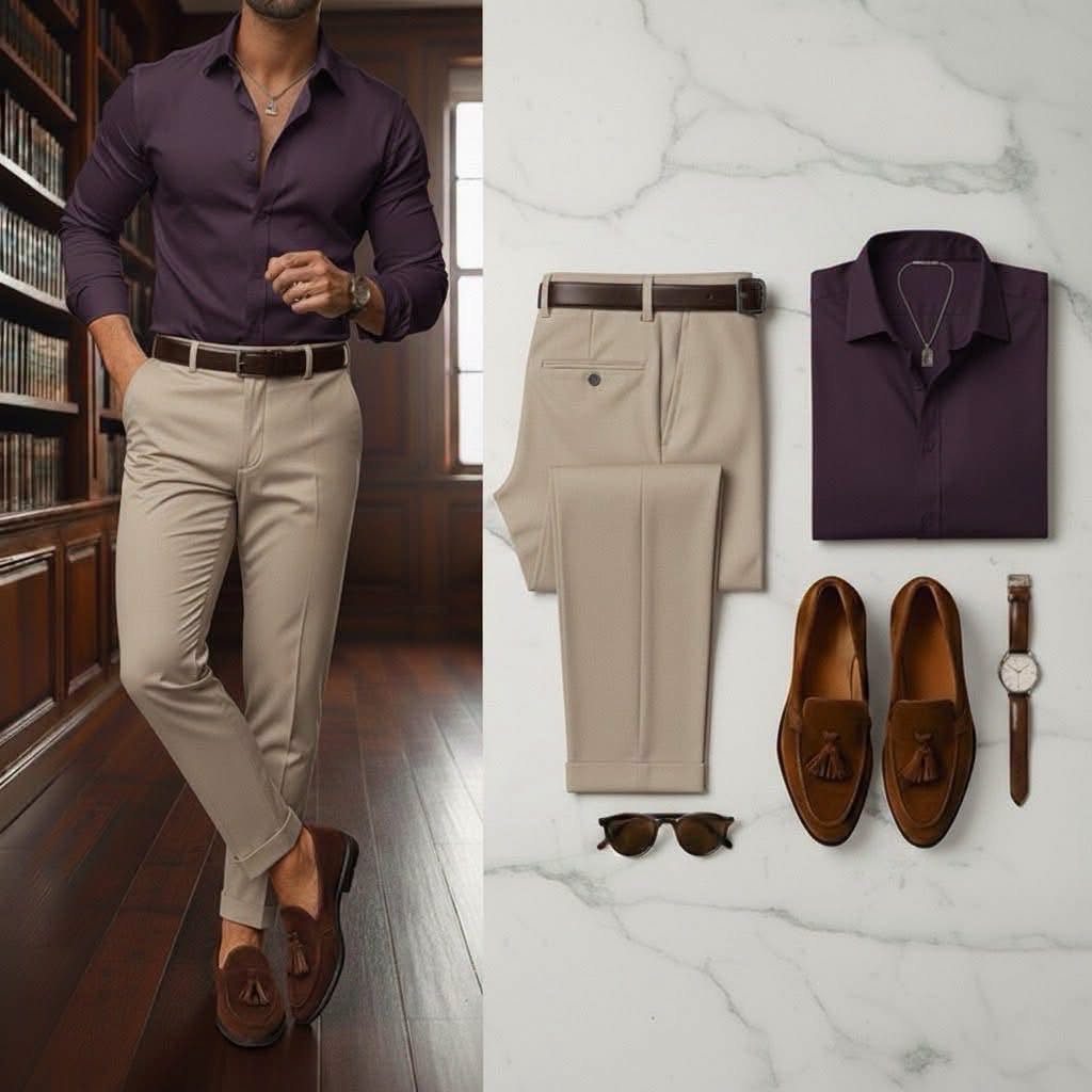Men's Deep Plum Long Sleeve Button Down Shirt & Khaki Trousers 2 Piece Set