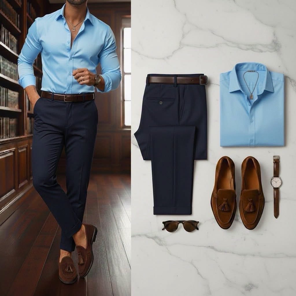 Men's Sky Blue Long Sleeve Button Down Shirt & Navy Trousers 2 Piece Set