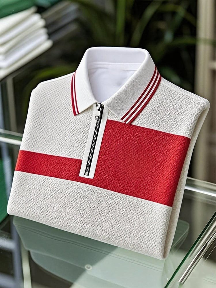 Men's Business Casual Logo Waffle Zip-Up Short Sleeve Polo