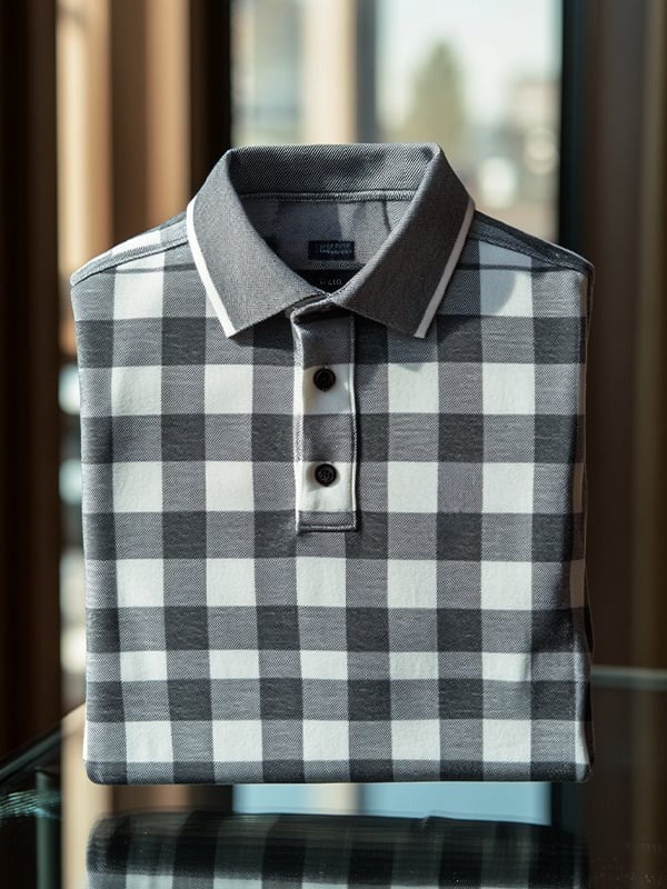 Men's Business Casual Plaid Logo Button Short Sleeve Polo Shirt