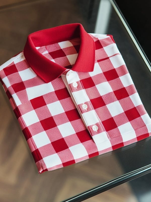 Men's Business Casual Plaid Logo Button Short Sleeve Polo Shirt