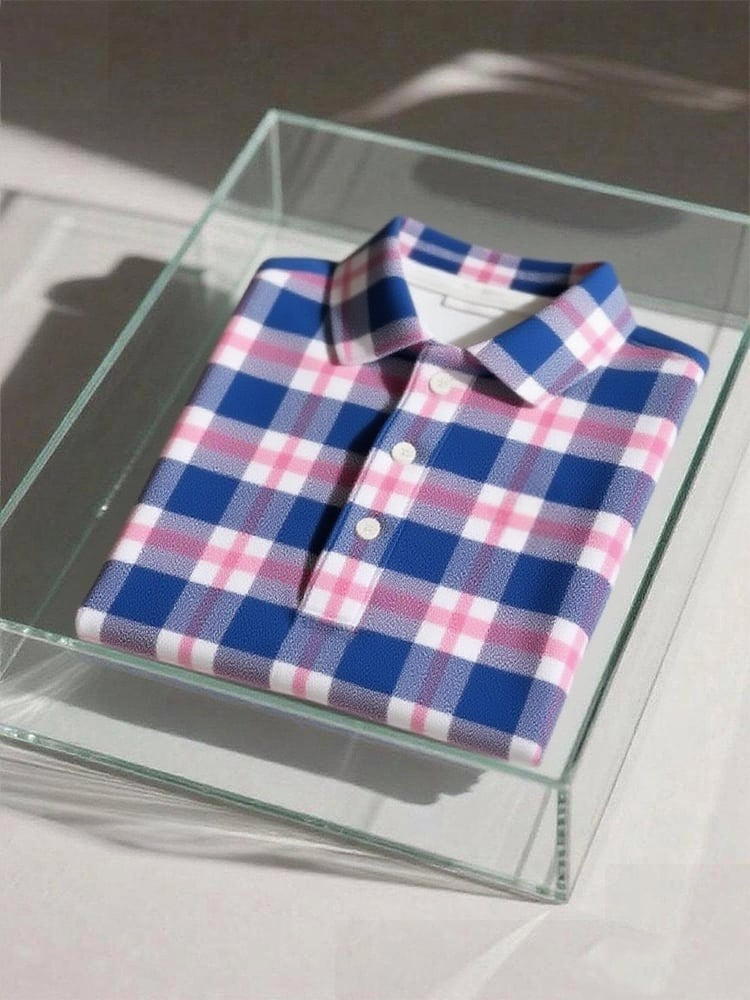 Men's Business Casual Plaid Logo Button Short Sleeve Polo Shirt