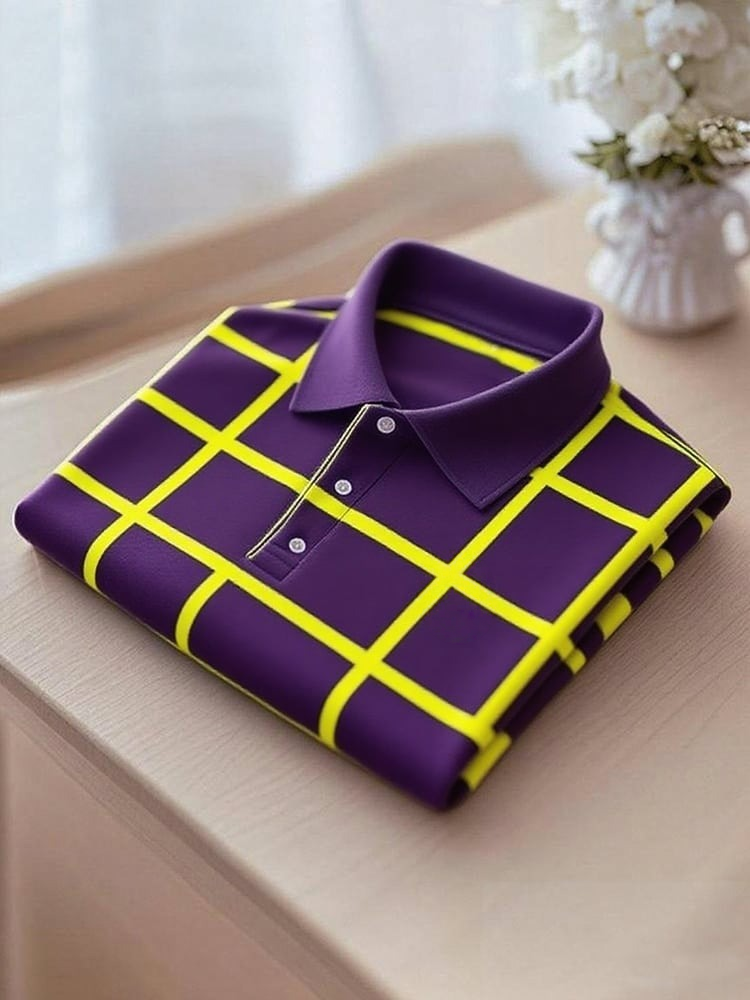 Men's Business Casual Plaid Logo Button Short Sleeve Polo Shirt