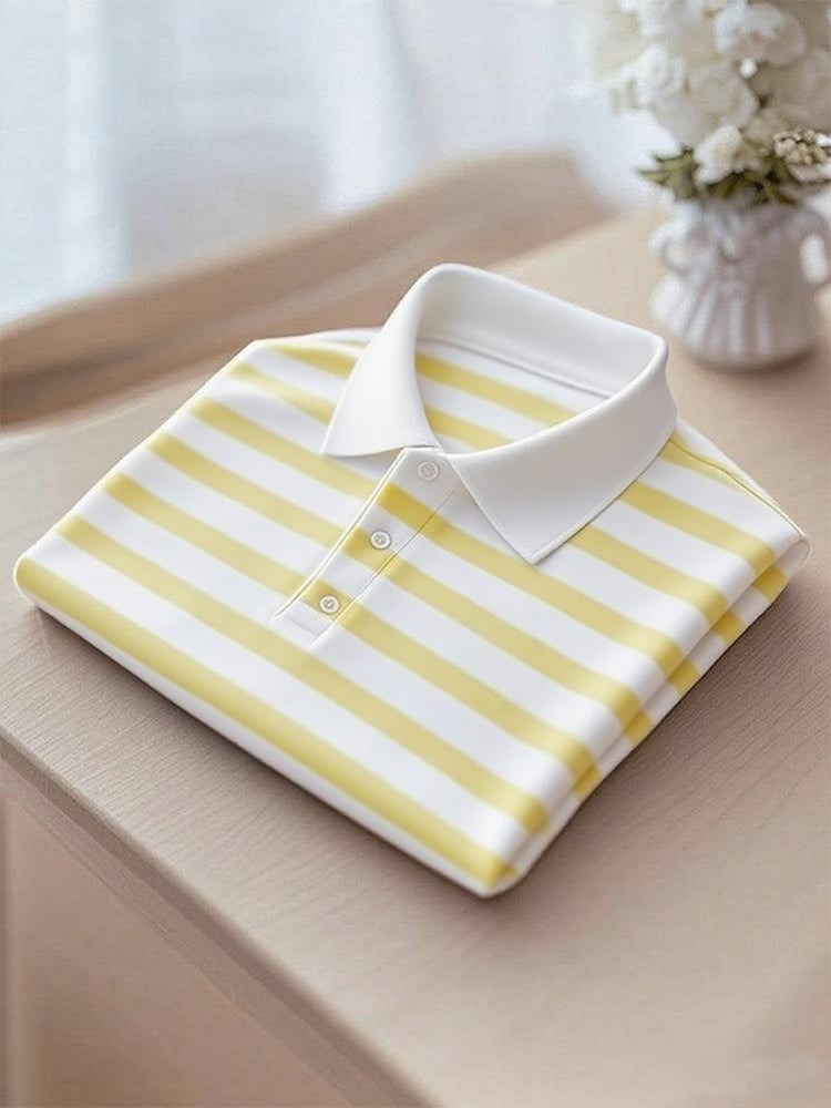 Men's Business Casual Yellow Stripe Logo Button Short Sleeve Polo Shirt