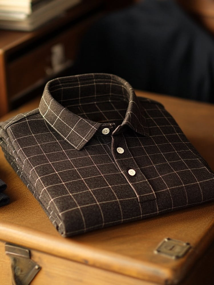 Men's Business Casual Plaid Logo Button Short Sleeve Polo Shirt
