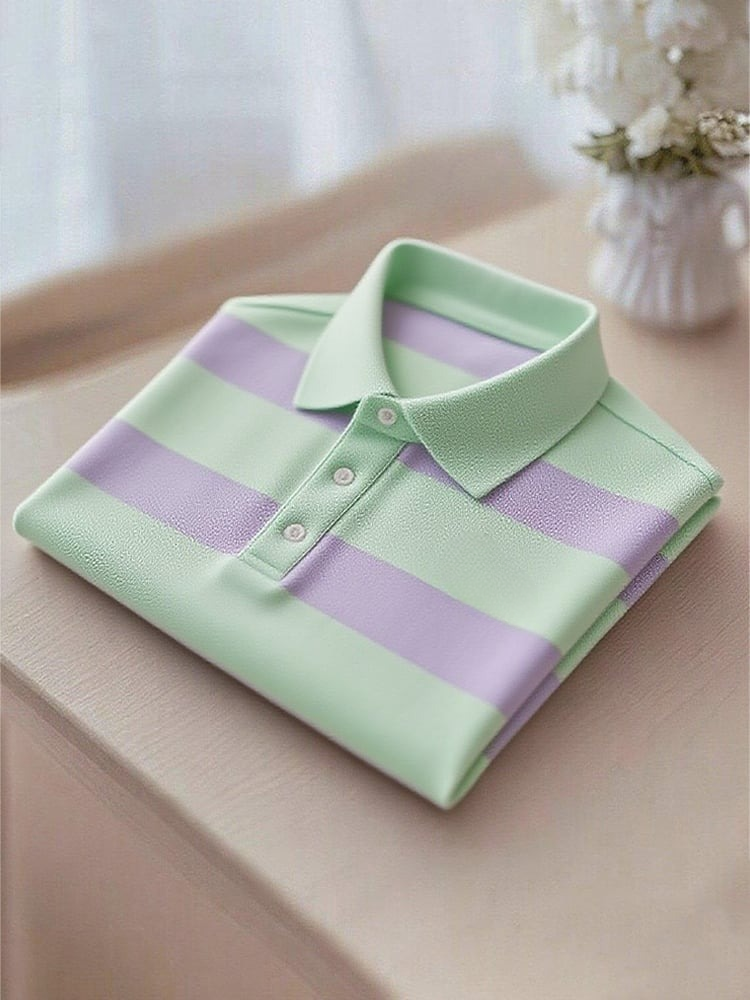 Men's Business Casual Green and Purple Striped Logo Button Short Sleeve Polo Shirt