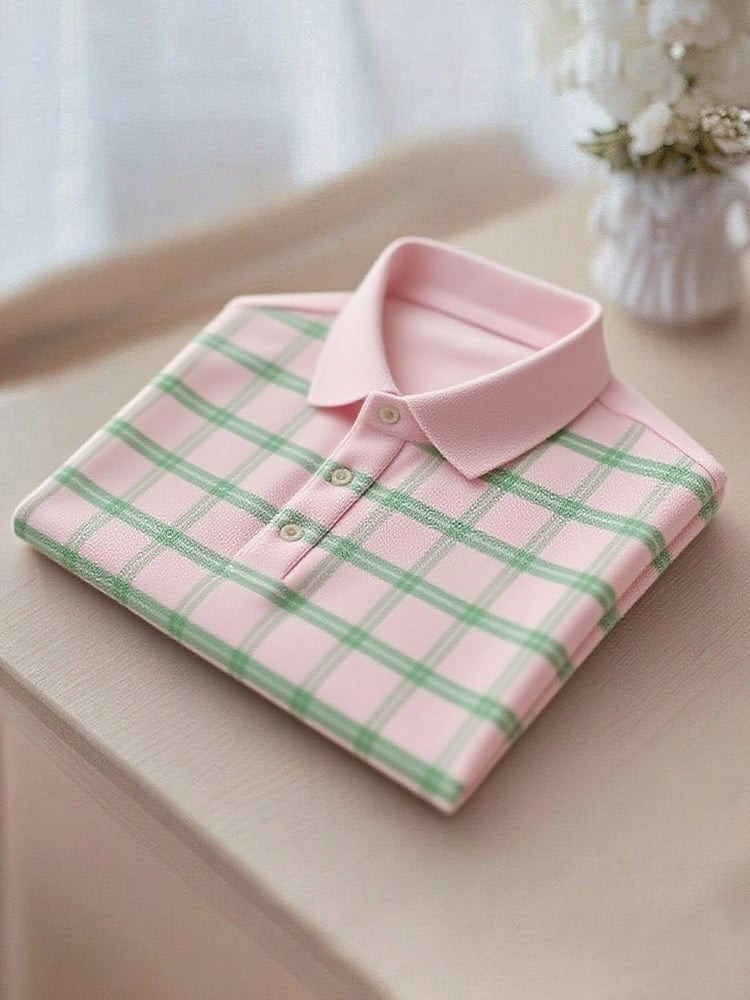 Men's Business Casual Pink Green Plaid Logo Button Short Sleeve Polo Shirt