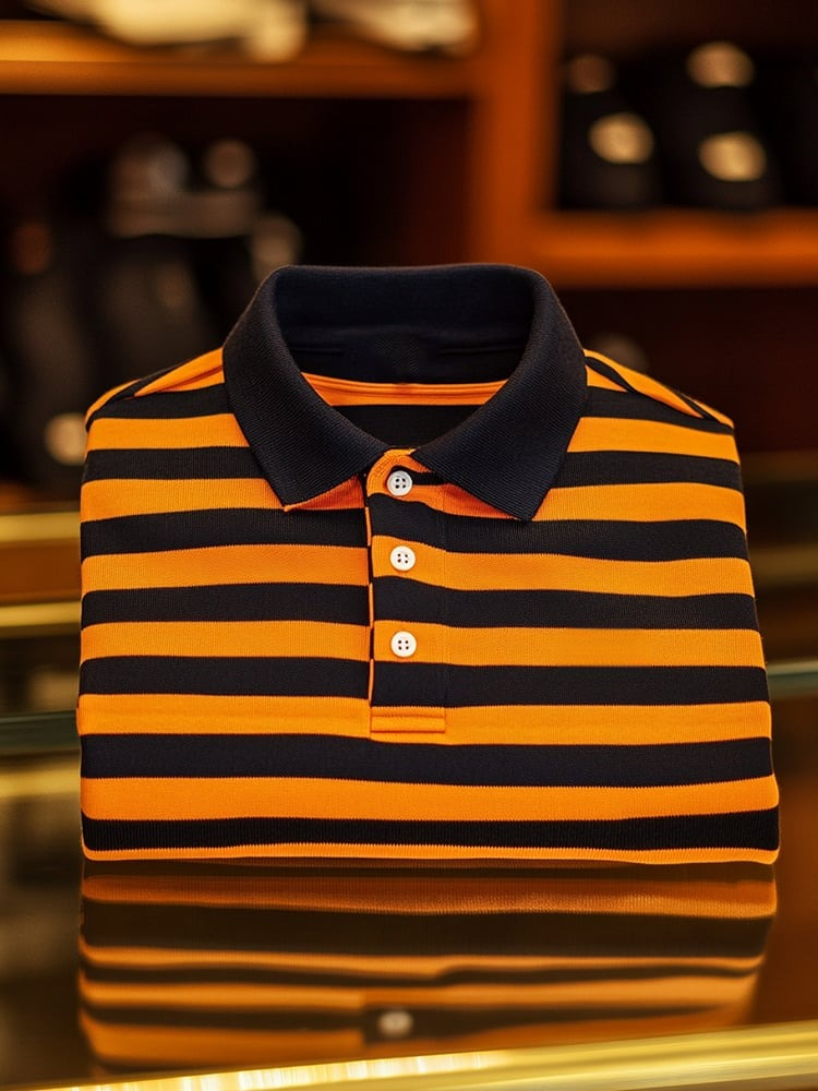 Men's Business Casual Orange Stripe Logo Button Short Sleeve Polo Shirt
