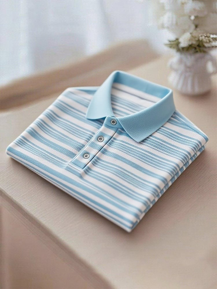 Men's Business Casual Blue Stripe Logo Button Short Sleeve Polo Shirt