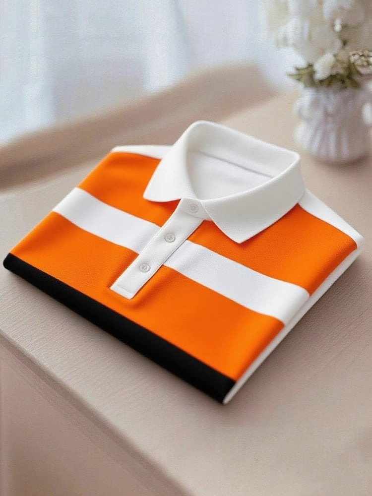 Men's Business Casual Orange and White Block Logo Button Short Sleeve Polo Shirt