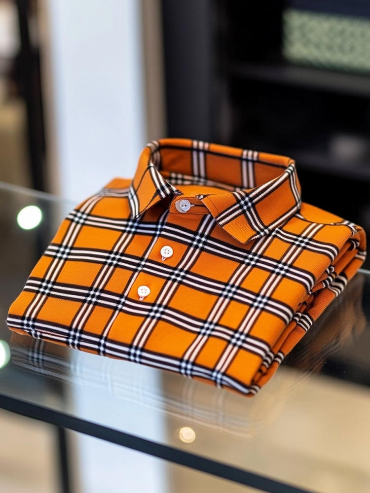 Men's Business Casual Orange Plaid Logo Button Short Sleeve Polo Shirt