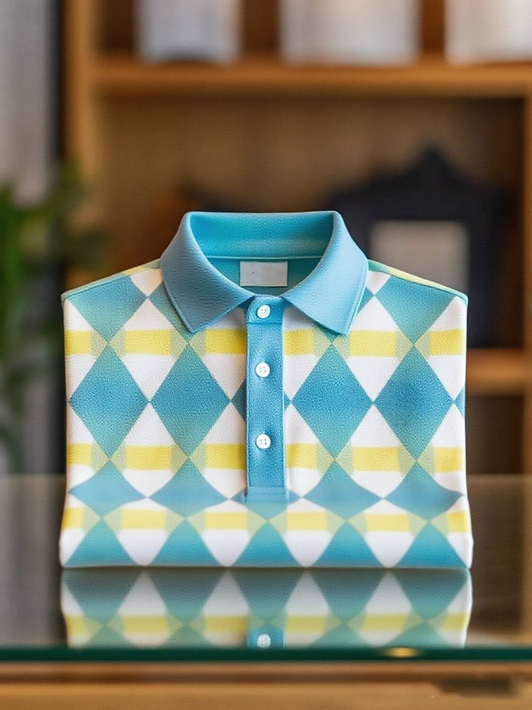 Men's Business Casual Grid Logo Button Short Sleeve Polo Shirt