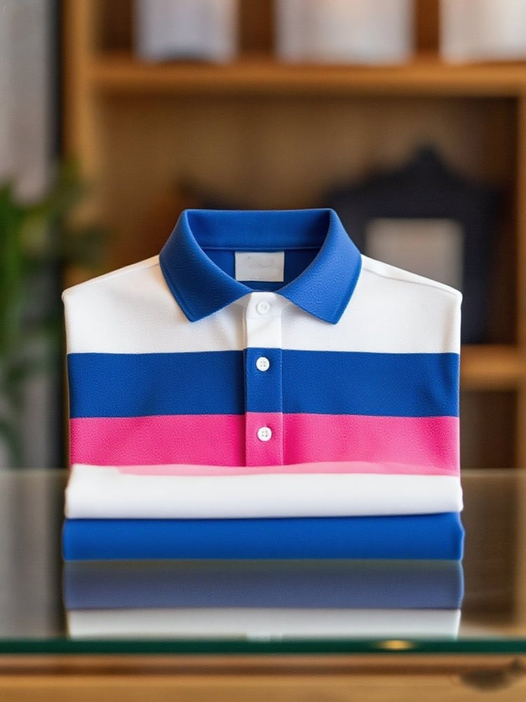Men's Business Casual Blue, White and Pink Striped Logo Button Short Sleeve Polo Shirt