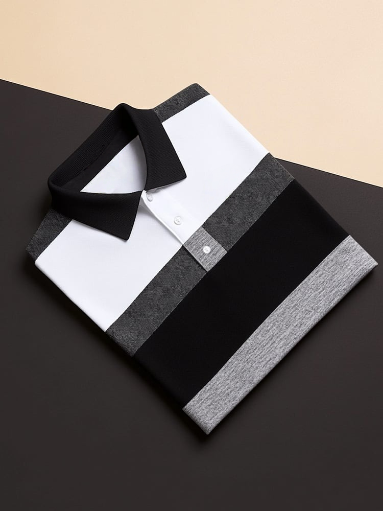 Men's Business Casual Black and Grey Block Logo Button Short Sleeve Polo Shirt