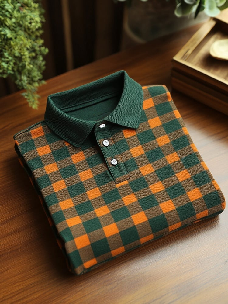 Men's Business Casual Green and Orange Plaid Logo Button Short Sleeve Polo Shirt
