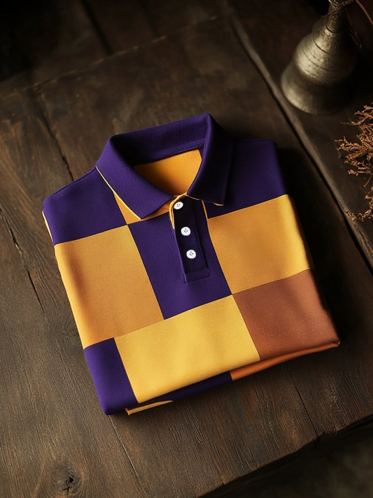 Men's Business Casual Yellow Purple Block Logo Button Short Sleeve Polo Shirt