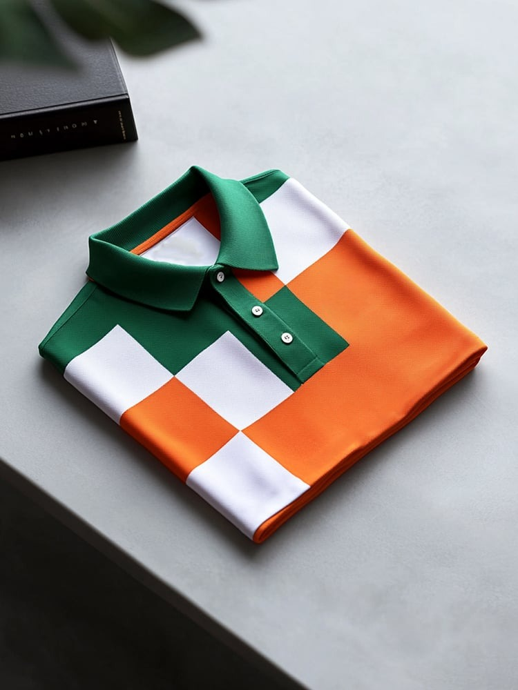 Men's Business Casual Orange Green Block Logo Button Short Sleeve Polo Shirt