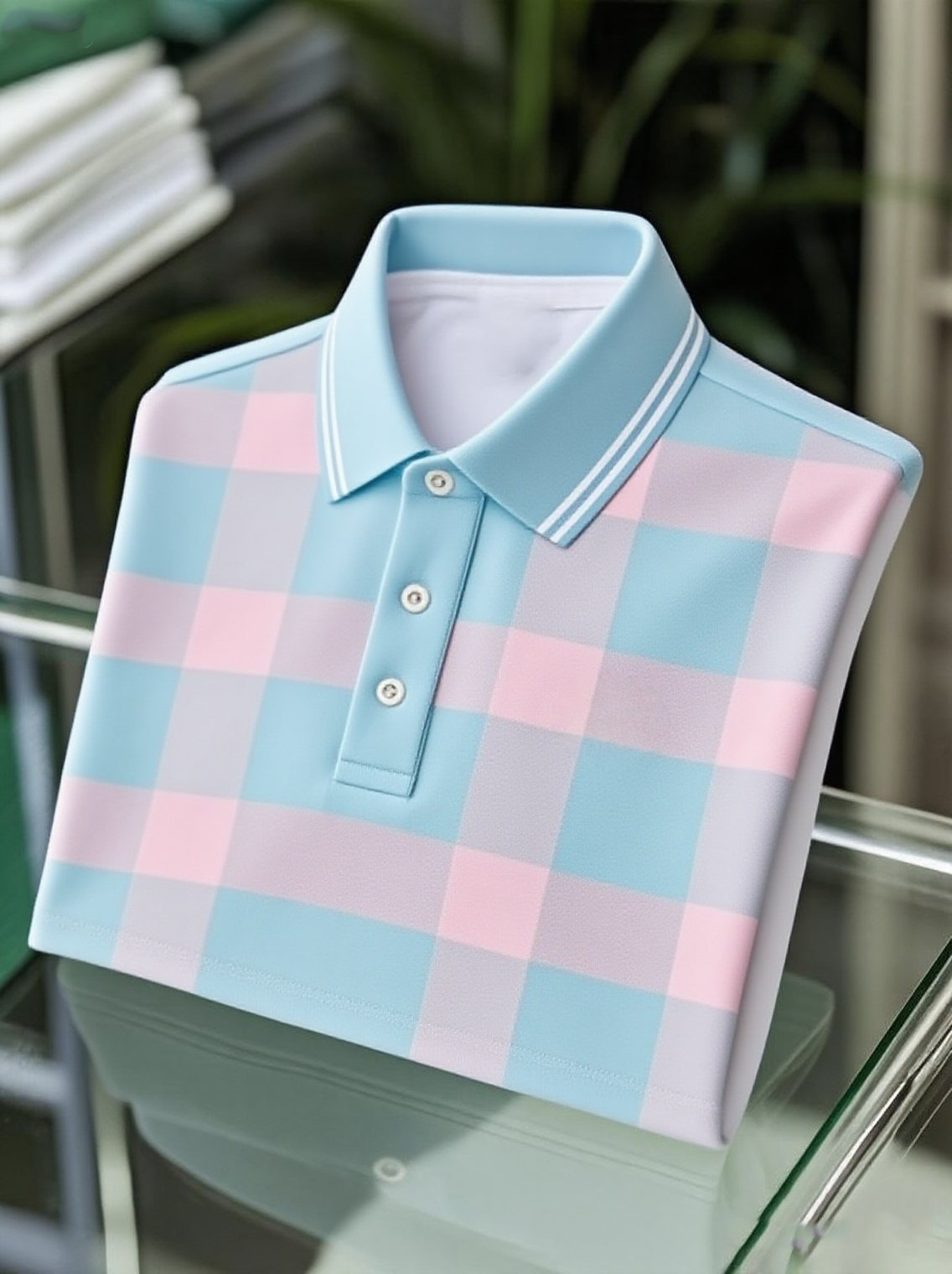 Men's Business Casual Blue and Pink Plaid Logo Button Short Sleeve Polo Shirt