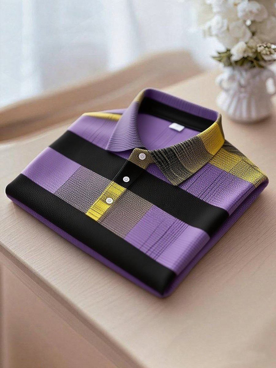Men's Business Casual Purple, Black and Yellow Plaid Logo Button Short Sleeve Polo Shirt