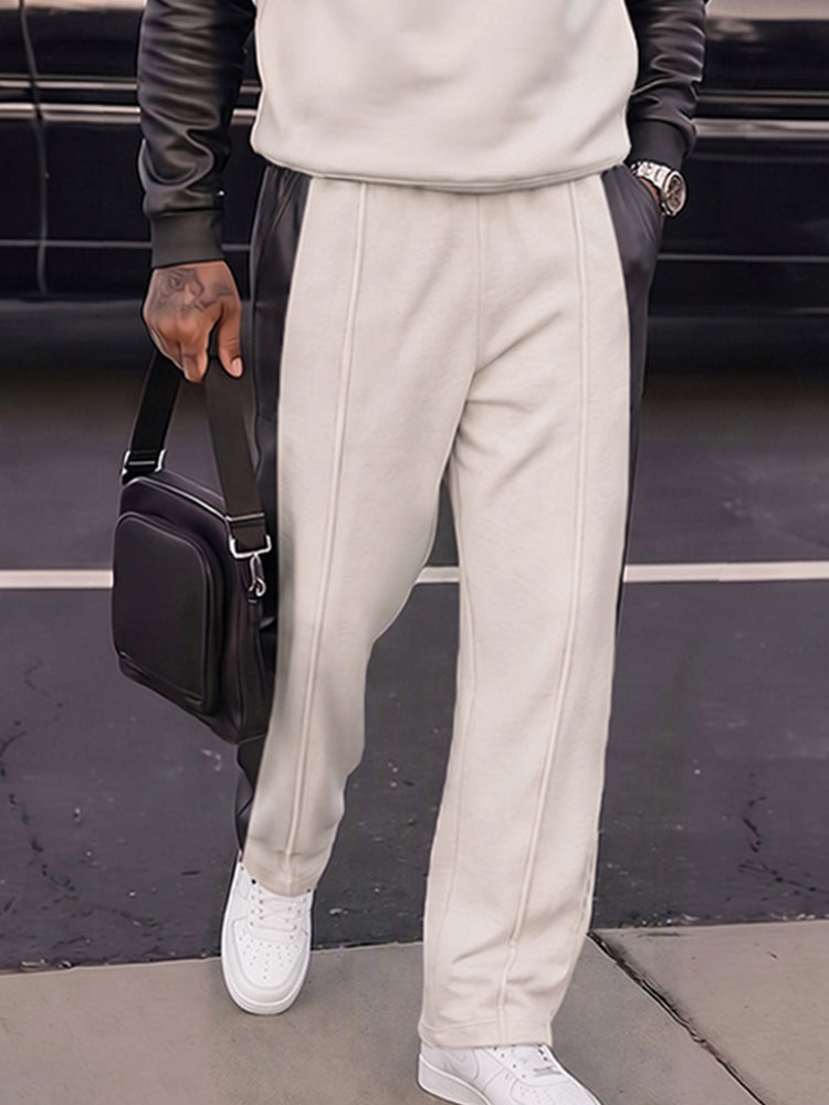 Urban Casual Faux Leather Panel Sweatsuit Set